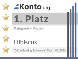 Testsiegel zeigt, dass Hibiscus im Vergleich von Online-Banking-Software 2026 den 1. Platz in der Kategorie Kosten belegt