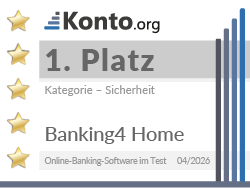 Testsiegel zeigt, dass Banking4 Home im Vergleich von Online-Banking-Software 2026 den 1. Platz in der Kategorie Sicherheit belegt