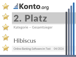 Testsiegel zeigt, dass Hibiscus im Vergleich von Online-Banking-Software 2026 den 2. Platz in der Gesamtwertung belegt